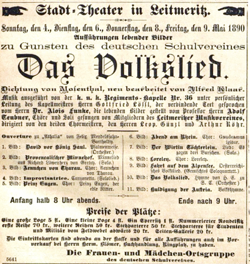 Colour facsimile of the advertisement for the performances in Leitmeritz in May 1890