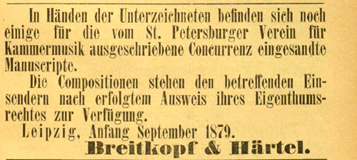 Coulour facsimile of the notice placed in the Signale für die musikalische Welt by Breitkopf & Härtel.