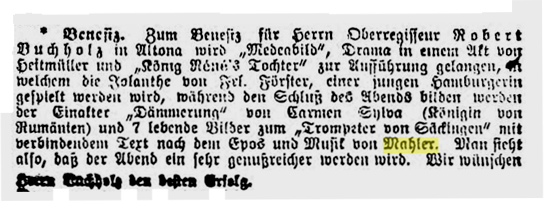 Facsimile of the announcement of the performance of Der Trompeter von Sakkingen with the music by Mahler in 1889 (General-Anzeiger für Hamburg-Altona, 95 (24 April 1889), 2–3)