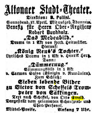 Facsimile of the announcement of the performance of Der Trompeter von Sakkingen with the music by Mahler in 1889 (General-Anzeiger für Hamburg-Altona, 26 & 27 April 1889, 8)