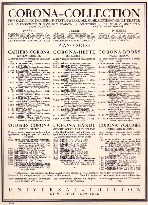 Colour facsimile of the first advert in the Corona-Collection volume