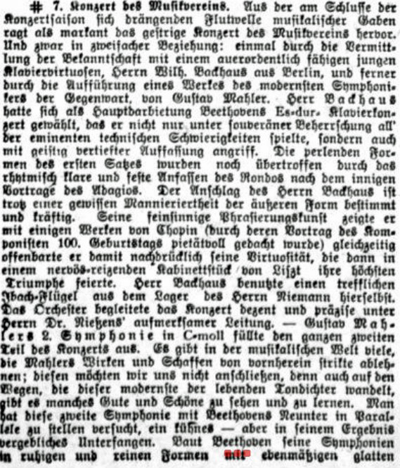 Black and white facsimile of the the first part of the review of the performance in M�nster, March 1910